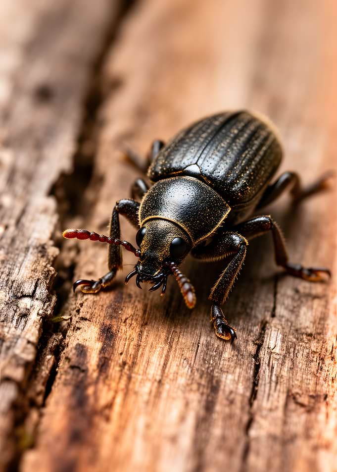 Close-up of a dark beetle on wood