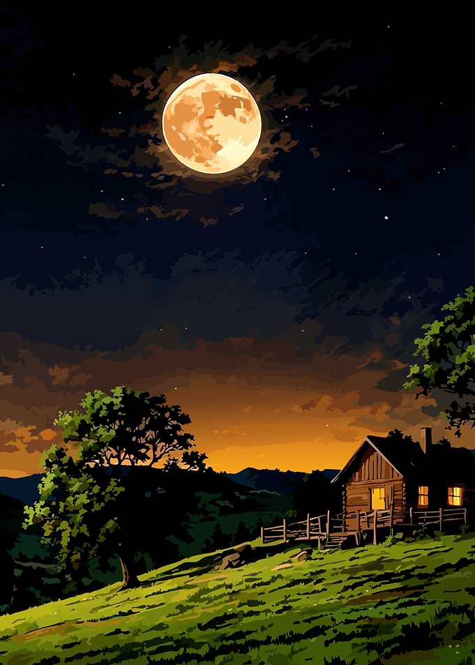 Moonlit Cabin in a Rolling Landscape