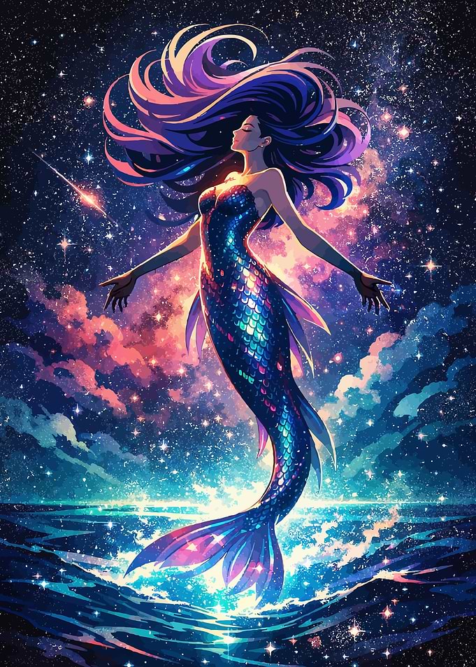 Cosmic Mermaid in Starry Ocean