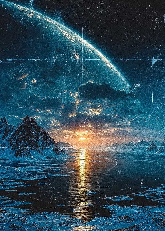Alien Planet Sunrise Over Icy Landscape