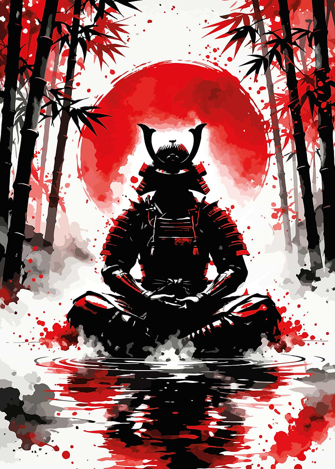 Samurai Meditating Under Red Sun