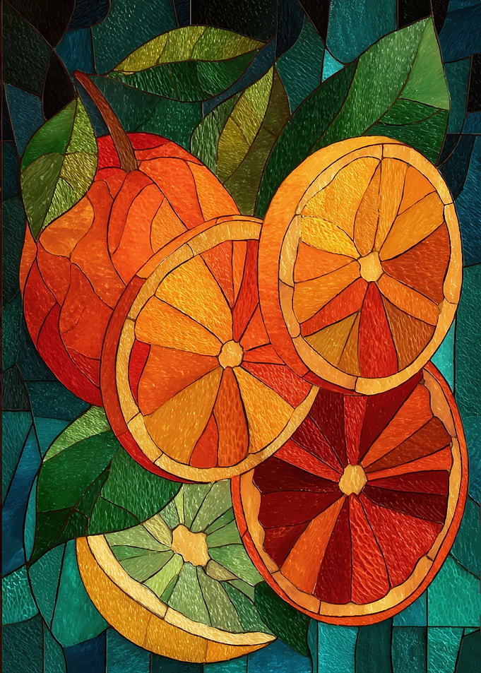 Stained Glass Oranges and Leaves