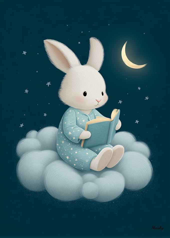 Cute Bunny Reading on Cloud Nursery Bedtime Wall Art