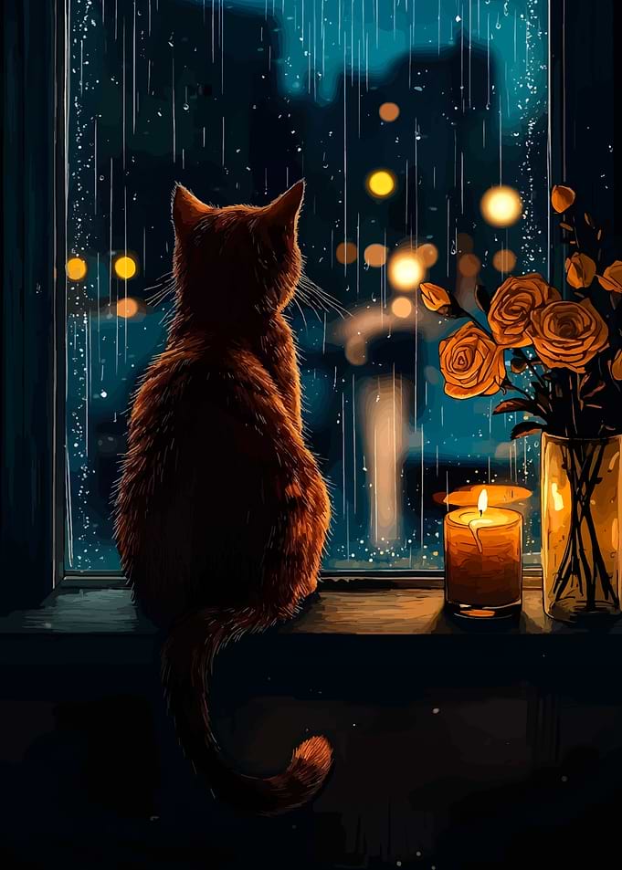 Cat Watching Rain by Candlelight