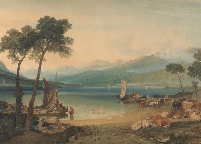 Lake Geneva with Mountains and Figures