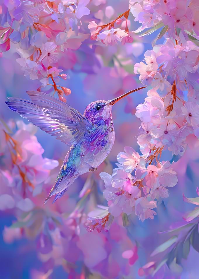 Hummingbird Among Cherry Blossoms