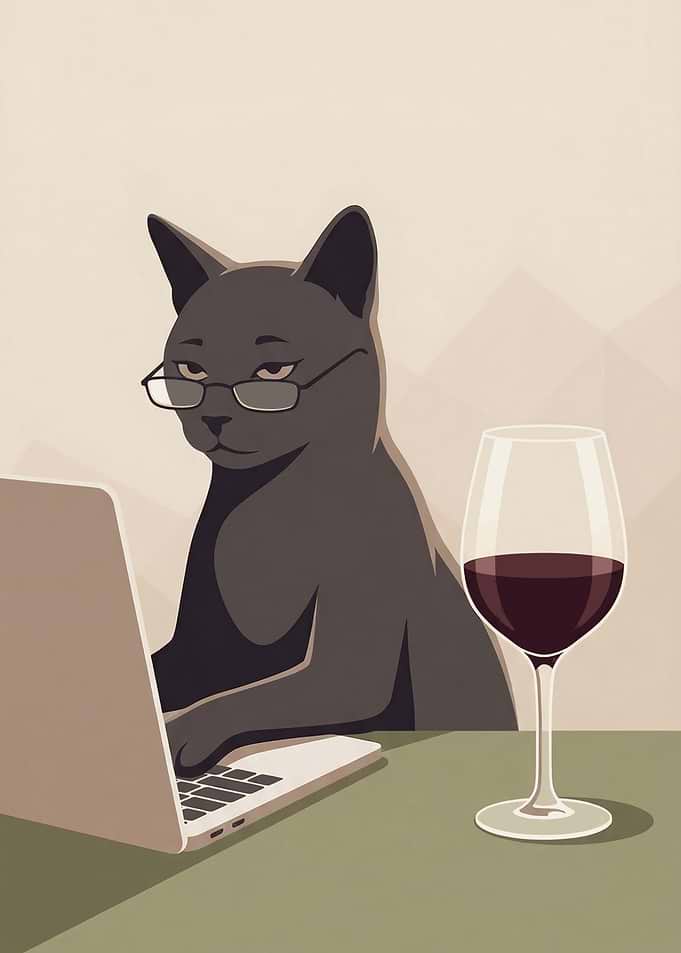Minimalist Black Cat with Laptop and Wine Glass