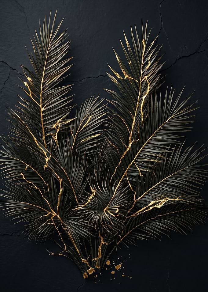 Black Palm Leaves with Gold Accents
