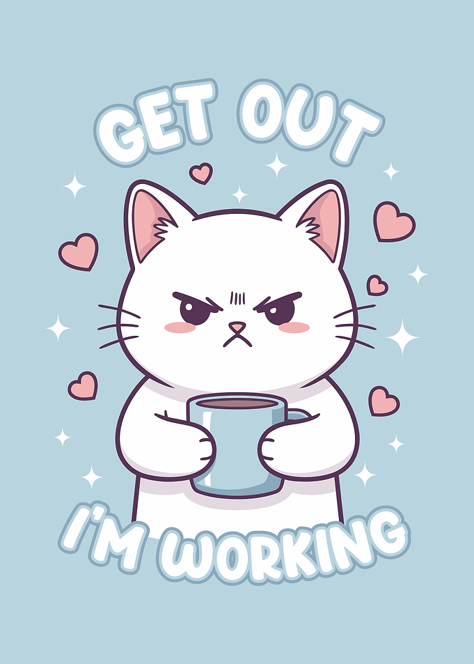 Cute Grumpy Cat Working with Coffee