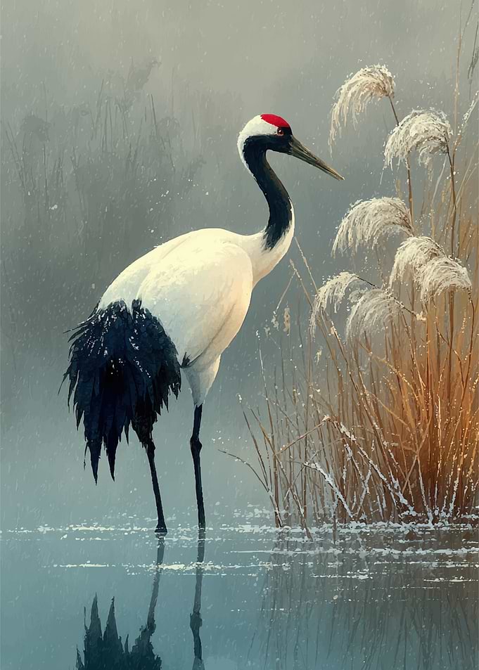 Red-crowned Crane in Snowy Reeds