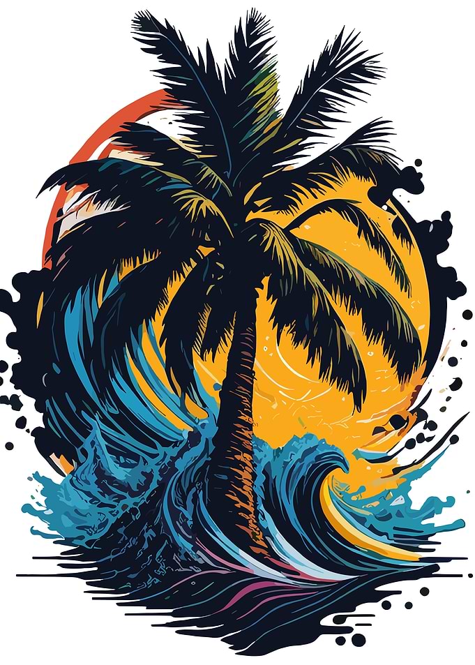 Tropical Sunset Wave Palm Tree