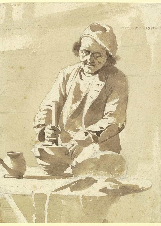 Man grinding ingredients in a mortar