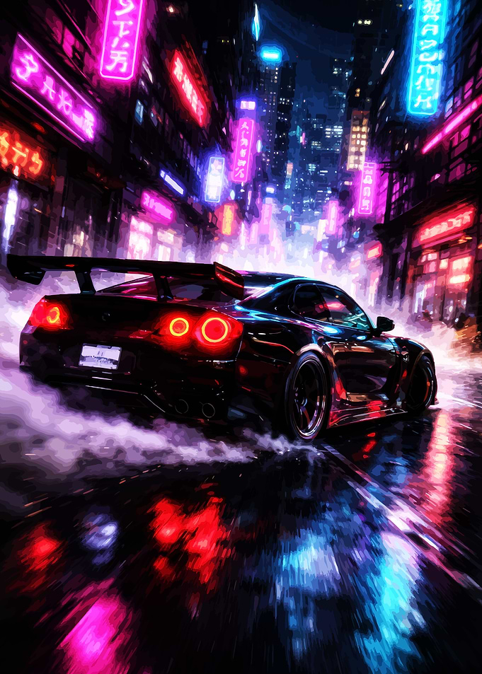 Cyberpunk Car Drifting in Neon City