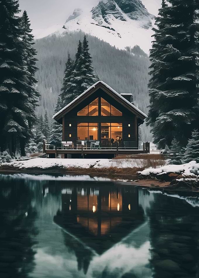Cozy Cabin by a Winter Lake