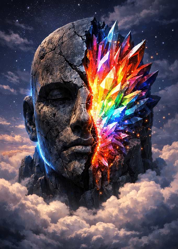 Stone Head with Rainbow Crystals