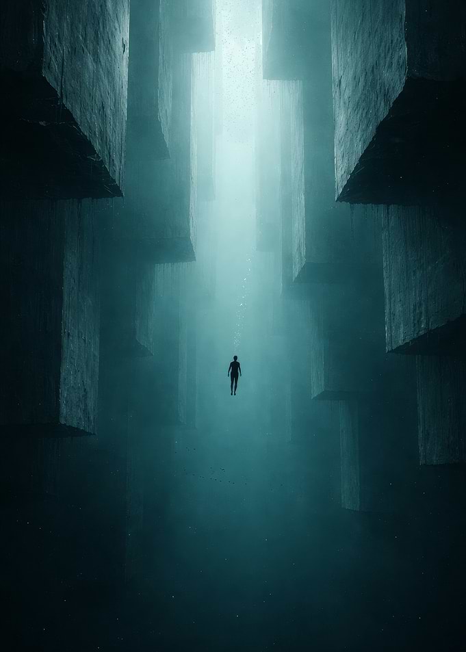 Man floating in surreal underwater canyon