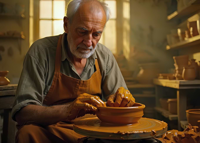 Potter shaping clay on a wheel