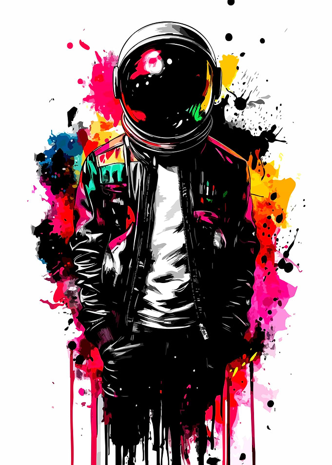 Astronaut in Leather Jacket with Splatter Art