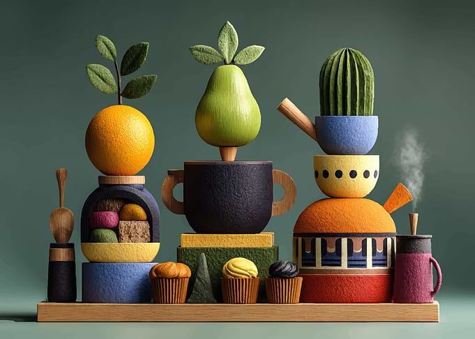 Whimsical Fruit and Cactus Still Life