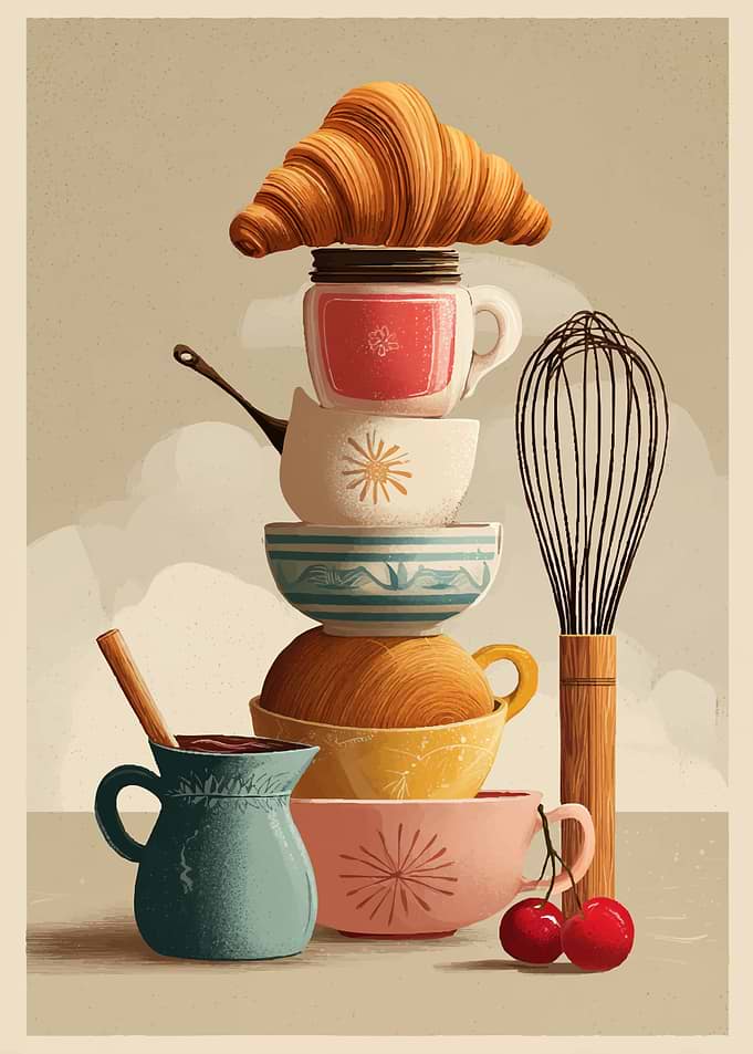 Retro Kitchen Still Life with Croissant and Cherries