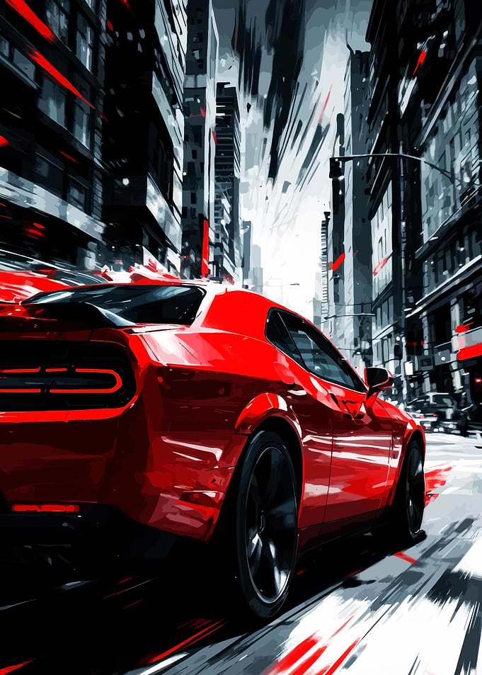 Red Sports Car Speeding Through City