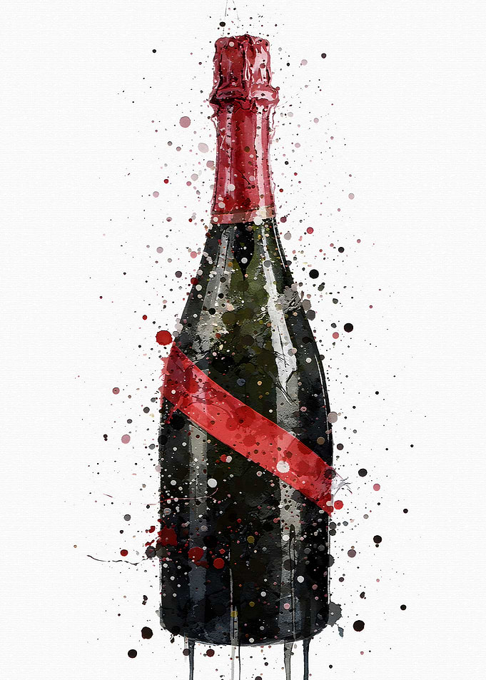Watercolor Champagne Bottle with Red Ribbon