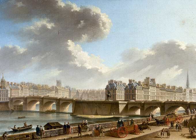 Parisian River Scene with Bridge and Carriages
