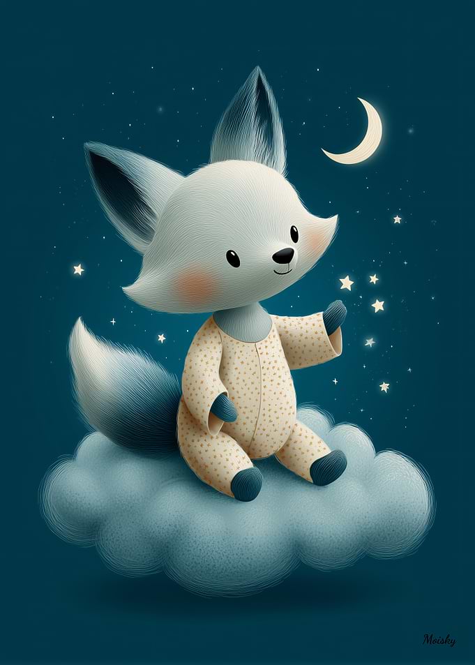 Cute Fox Illustration Dreamlike Night Scene