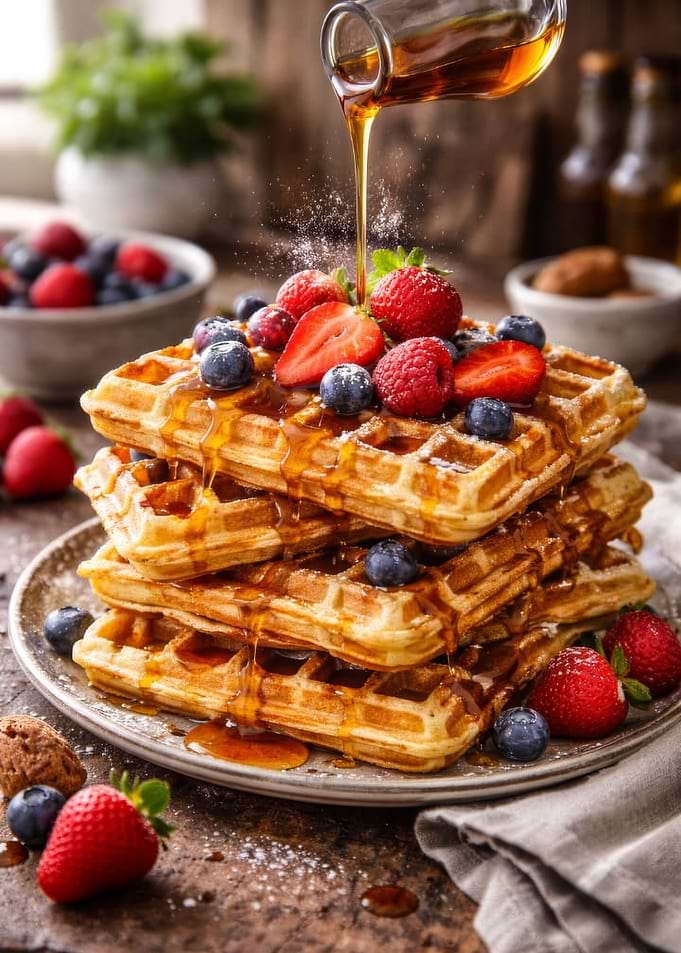 Stack of Waffles with Berries and Syrup