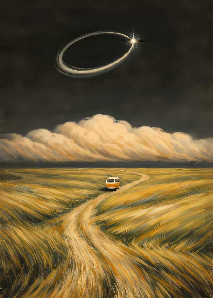 Bus on a dirt road under a starry sky