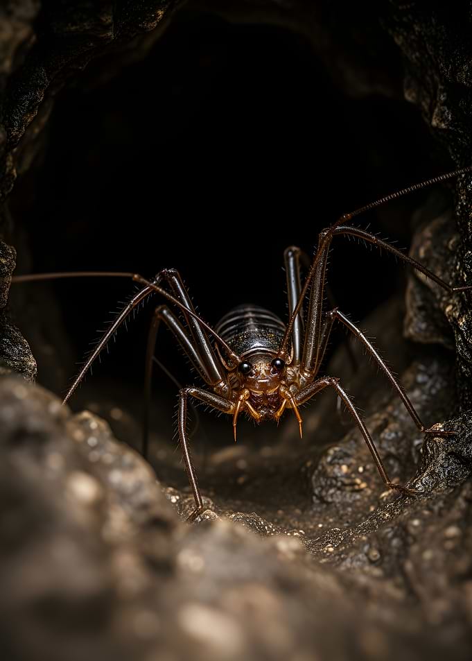 Cave Cricket Emerging from Dark Hole