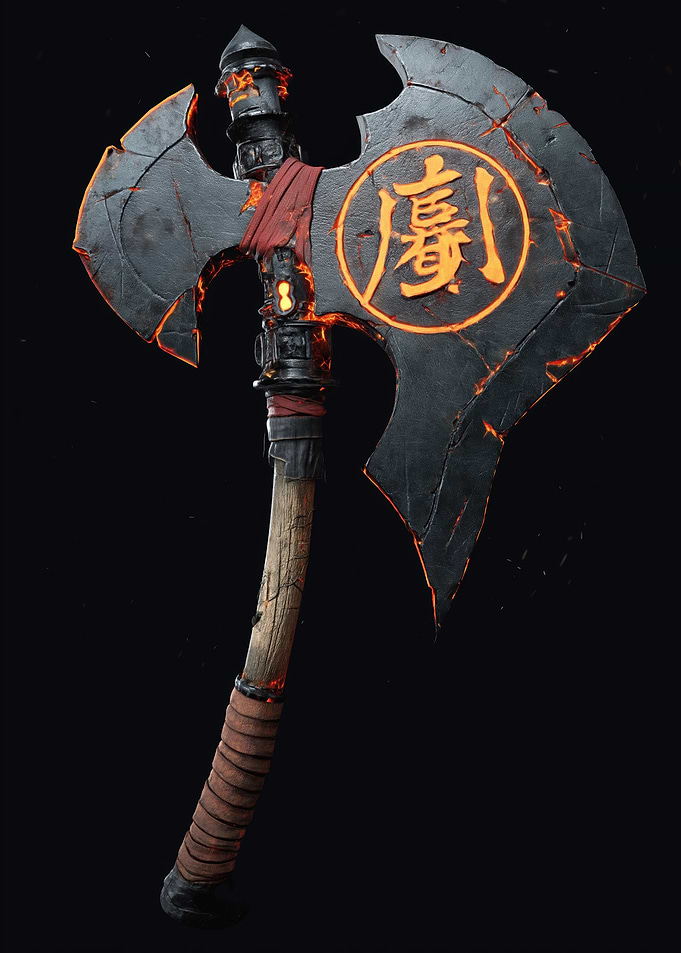 Fiery Battle Axe with Japanese Symbol