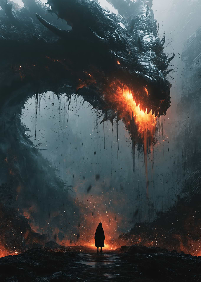 Dragon and Knight in Fiery Landscape