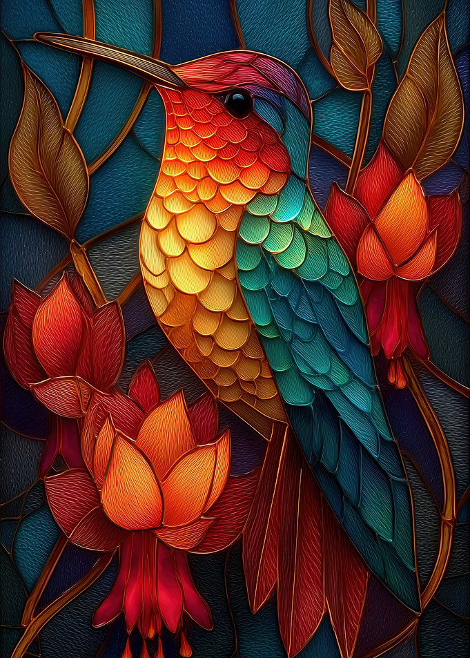 Stained Glass Hummingbird and Flowers