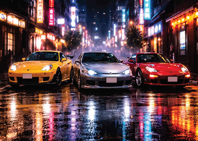 Three Sports Cars in a Rainy City