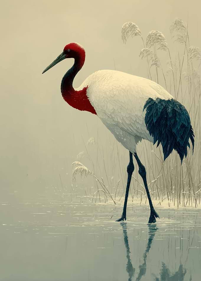 Red-crowned Crane in Snowy Reeds