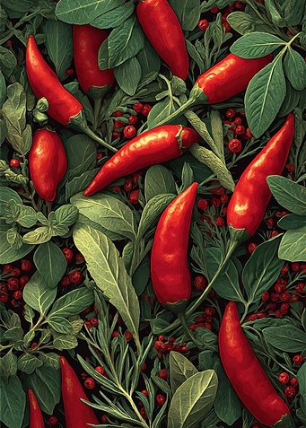 Red Chili Peppers and Green Herbs