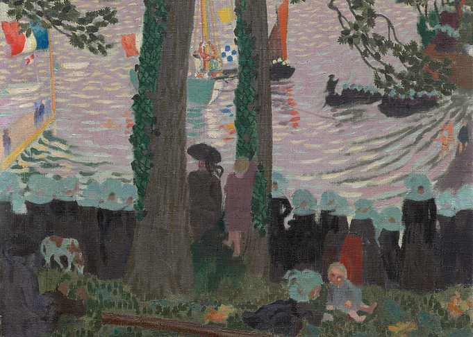 Impressionist painting of a riverside festival