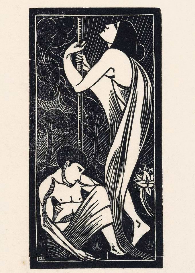 Art Nouveau Figures with Lotus Flower
