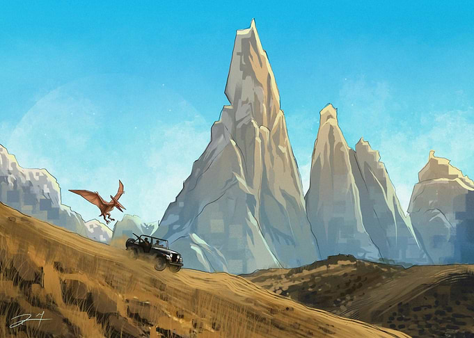 Pterodactyl Attacks Jeep in Mountain Landscape