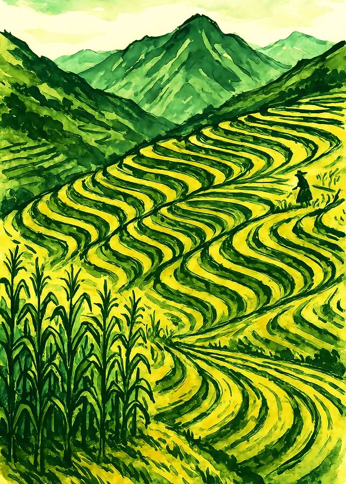 Andean Cornfields - Watercolor Ink Landscape