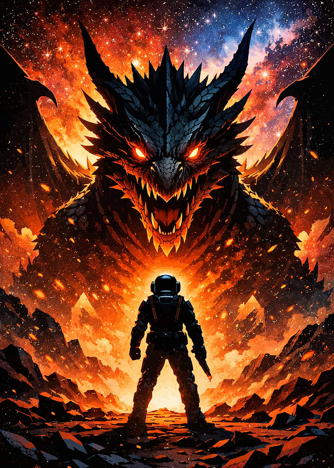 Astronaut faces a cosmic dragon