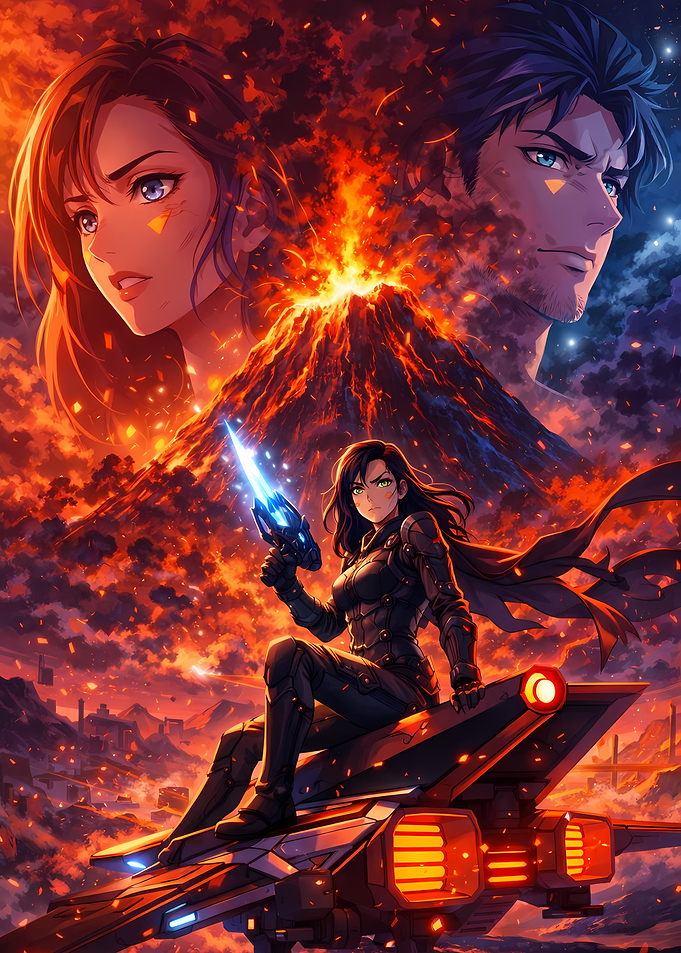 Anime characters and volcano eruption