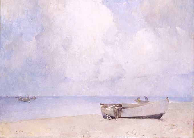 Boats on a Calm Beach Under a Cloudy Sky