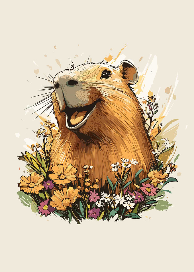 Happy Capybara in Flowers