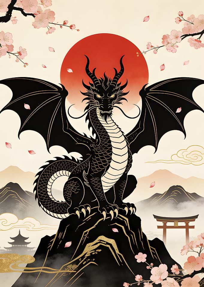 Black Dragon with Cherry Blossoms and Sun