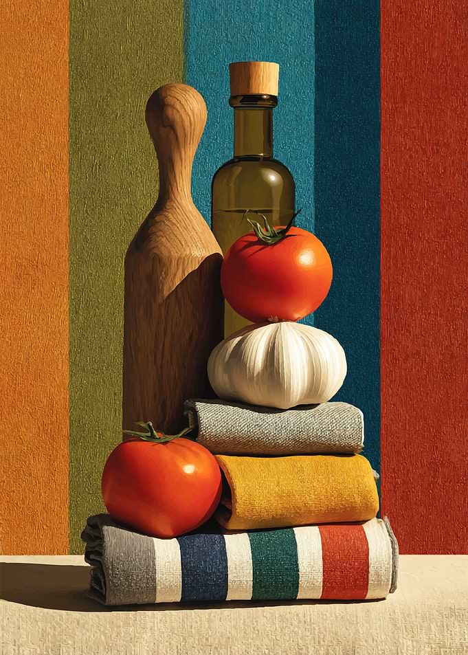 Still Life with Tomatoes, Garlic, and Oil