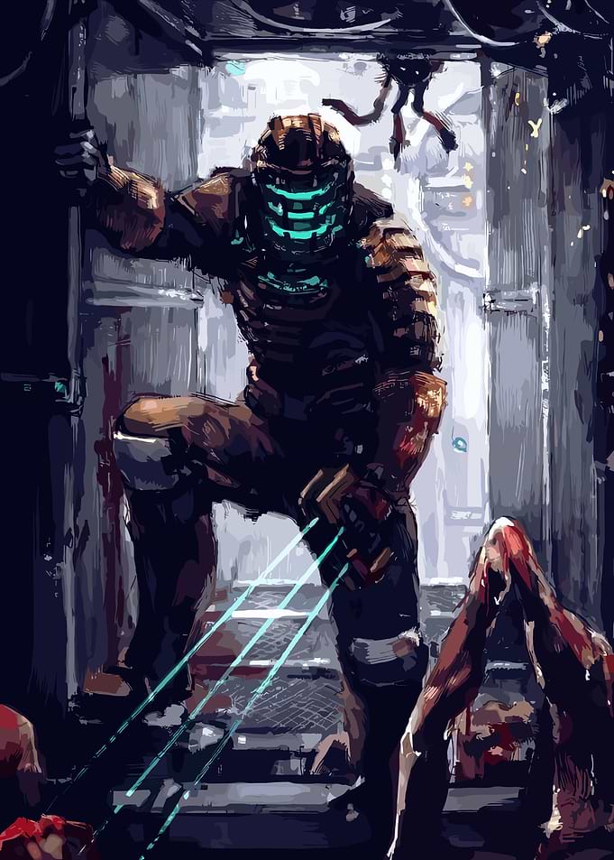 Isaac Clarke in a dark corridor