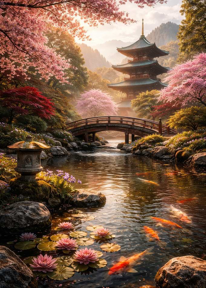 Japanese Garden with Pagoda and Koi Pond