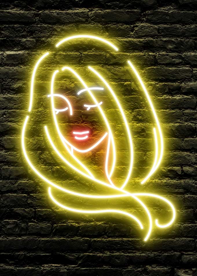 Beautiful Neon Woman Portrait on a dark Brick Wall Background